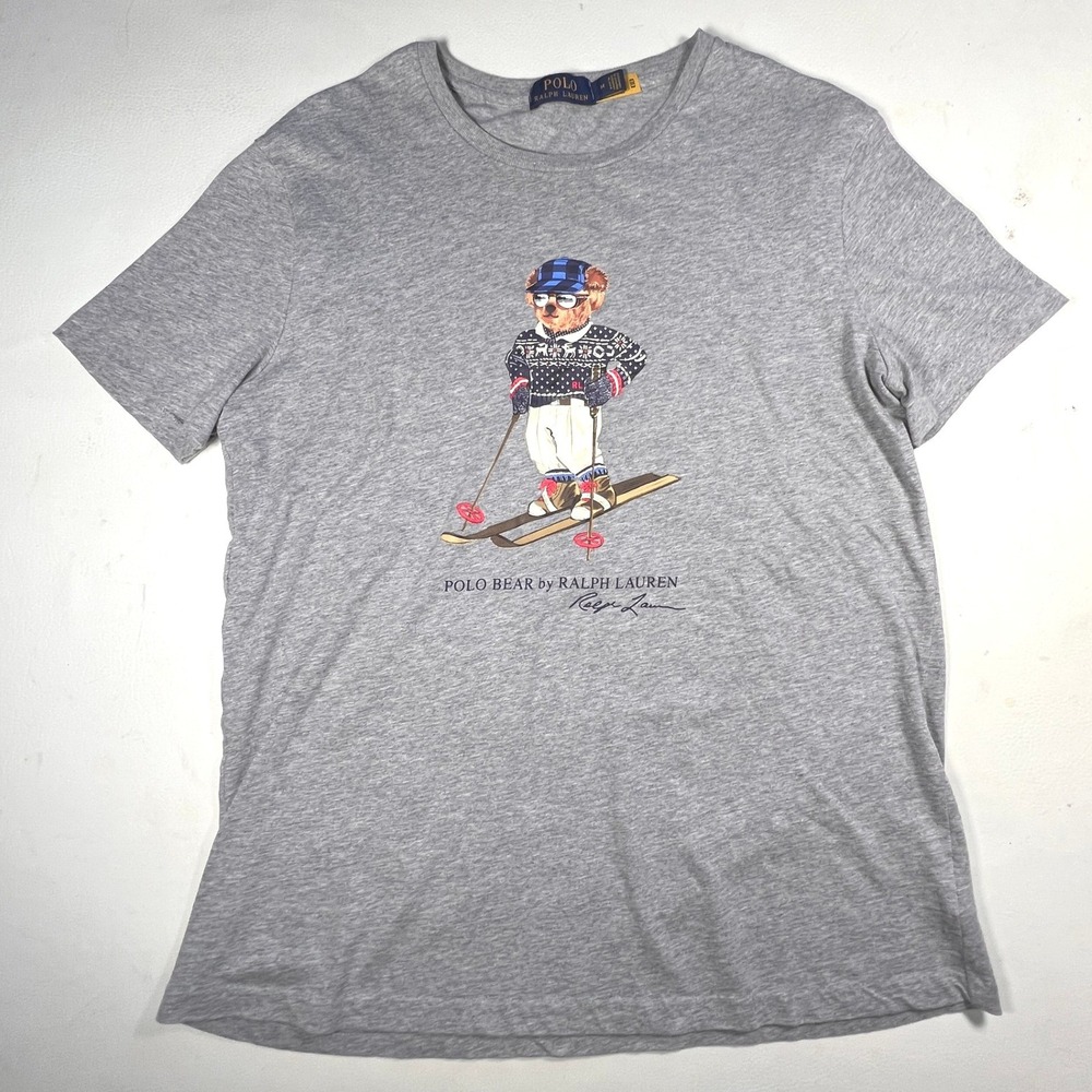 Polo Ralph Lauren T-Shirt Mens M Grey Polo Bear Skiing Graphic Short Sleeve Tee